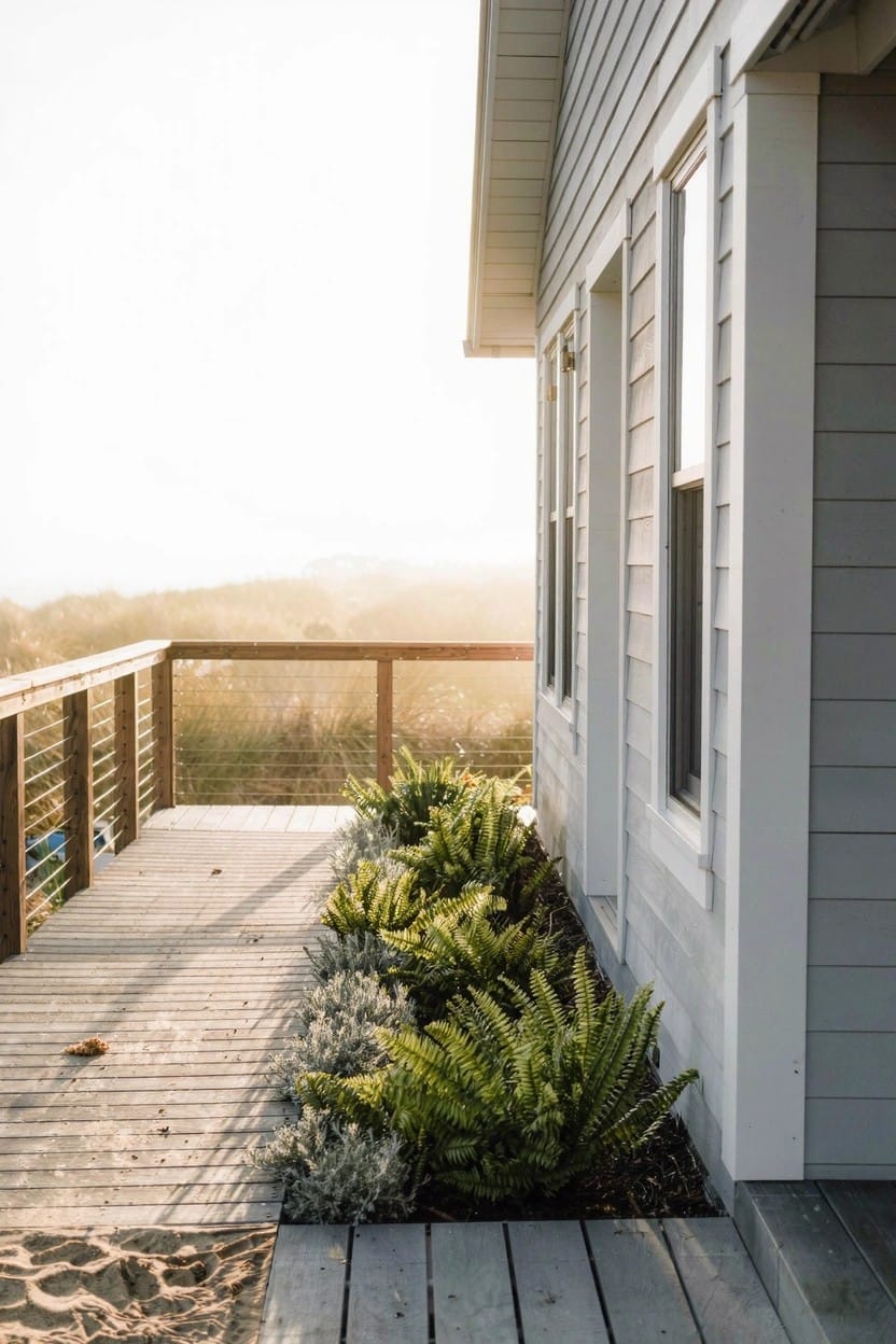 Side view of a light gray clapboard house with double-hung windows, wooden deck and railing overlooking dunes, and a bed of ferns and low succulents along the shaded foundation.