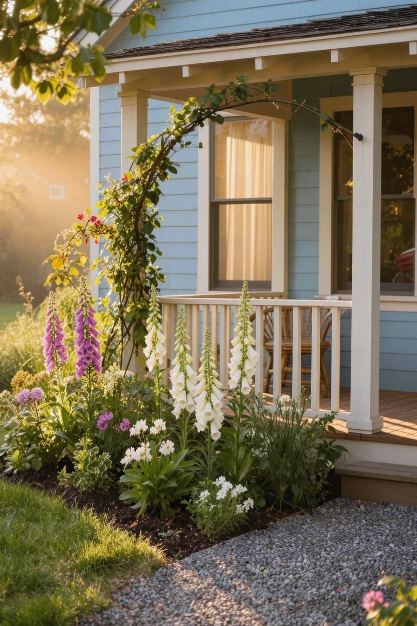 Blue sided house with white porch railing and flower bed containing tall pink and white foxgloves, lower white flowers, and climbing vine arch in shady yard area.