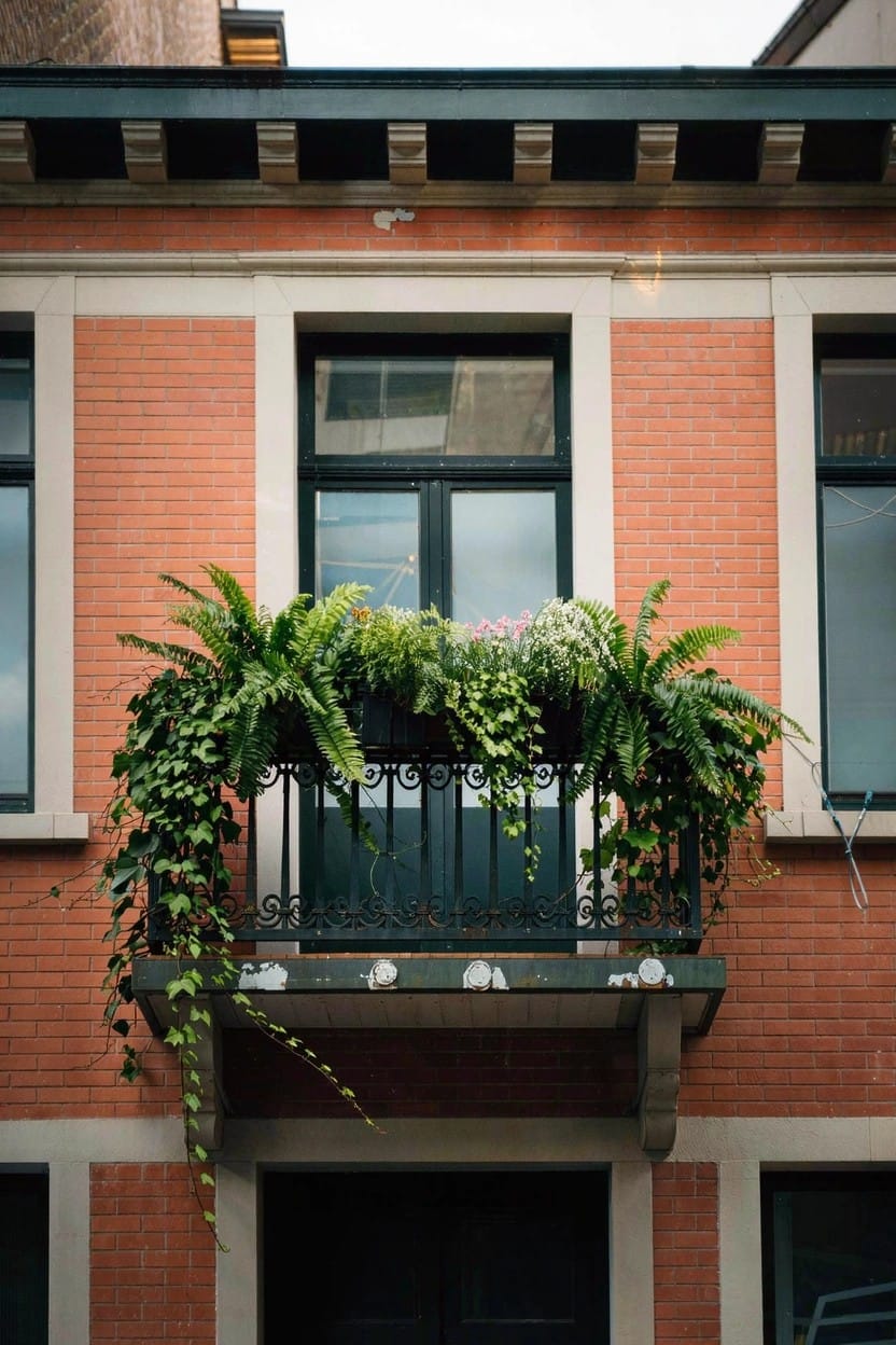 Red brick townhouse exterior with a second-floor balcony featuring black wrought iron railing overflowing with lush green ferns and trailing ivy plants above a dark green door.
