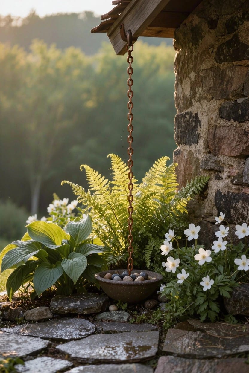 Chain-suspended bowl planter with ferns hanging from roof overhang against a stone house wall, surrounded by hostas, white flowers, and pebbles on stone pavers in a shady garden spot.