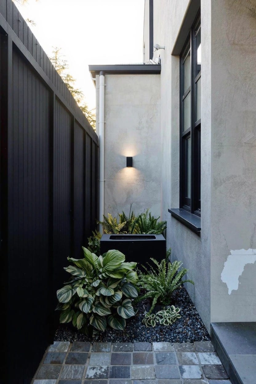Narrow outdoor passageway with tall black wooden fence on one side, beige stucco house wall with black-framed window on the other, black rectangular planter filled with green leafy plants including ferns and broad-leaf varieties, pebble mulch, irregular stone pavers, and black wall-mounted light fixture.