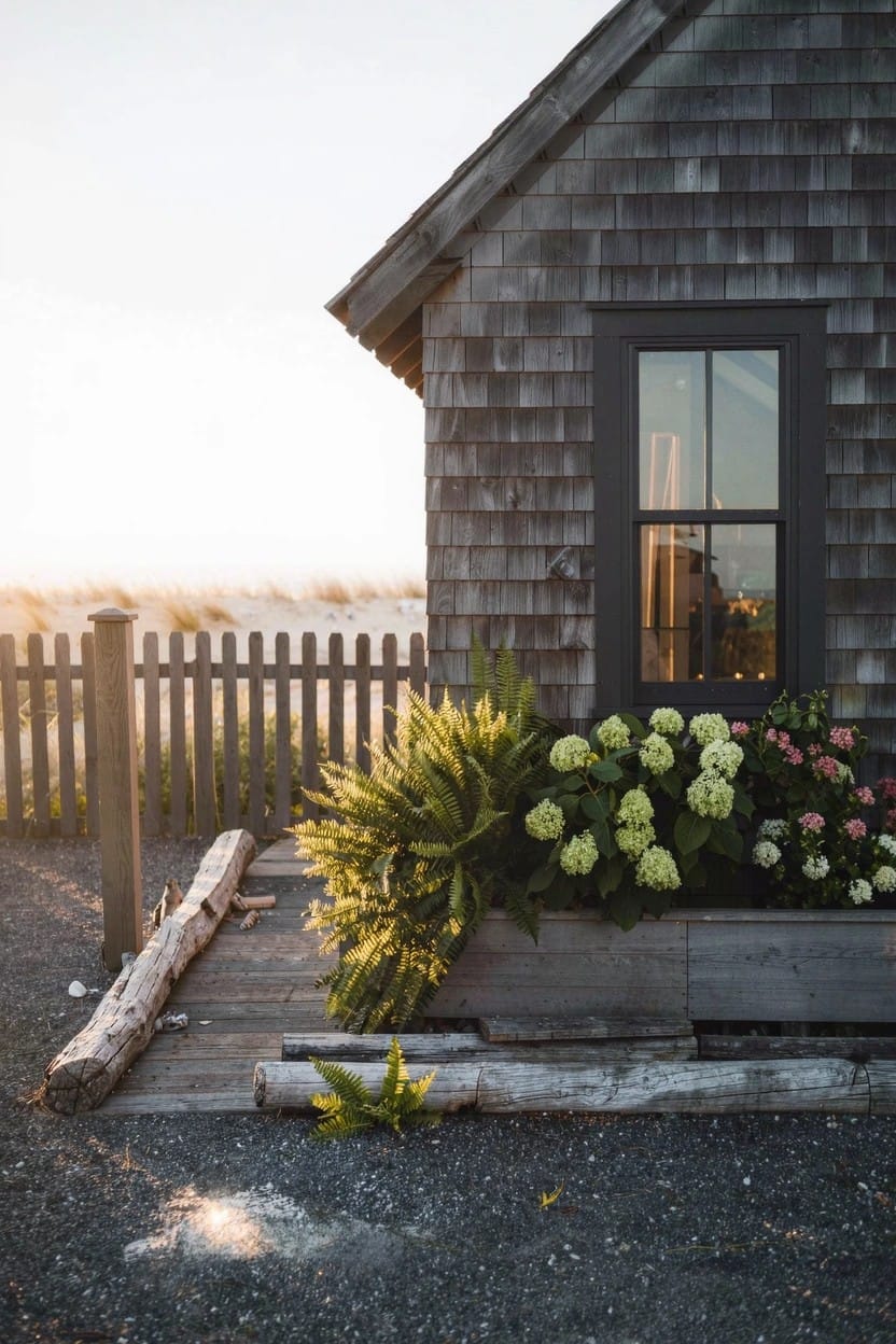 Gray shingle-clad corner of a house with a large dark-framed window, white picket fence, sandy ground, driftwood logs, and a wooden raised planter box overflowing with ferns and blooming white and pink hydrangeas at sunset.