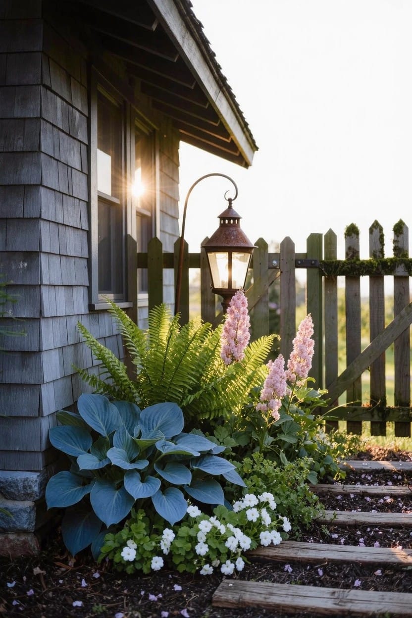 Shingle siding house corner with hanging lantern on hook, picket fence, stone stepping path, and shade plants including broad hosta leaves, ferns, pink foxglove spikes, and white flowers.