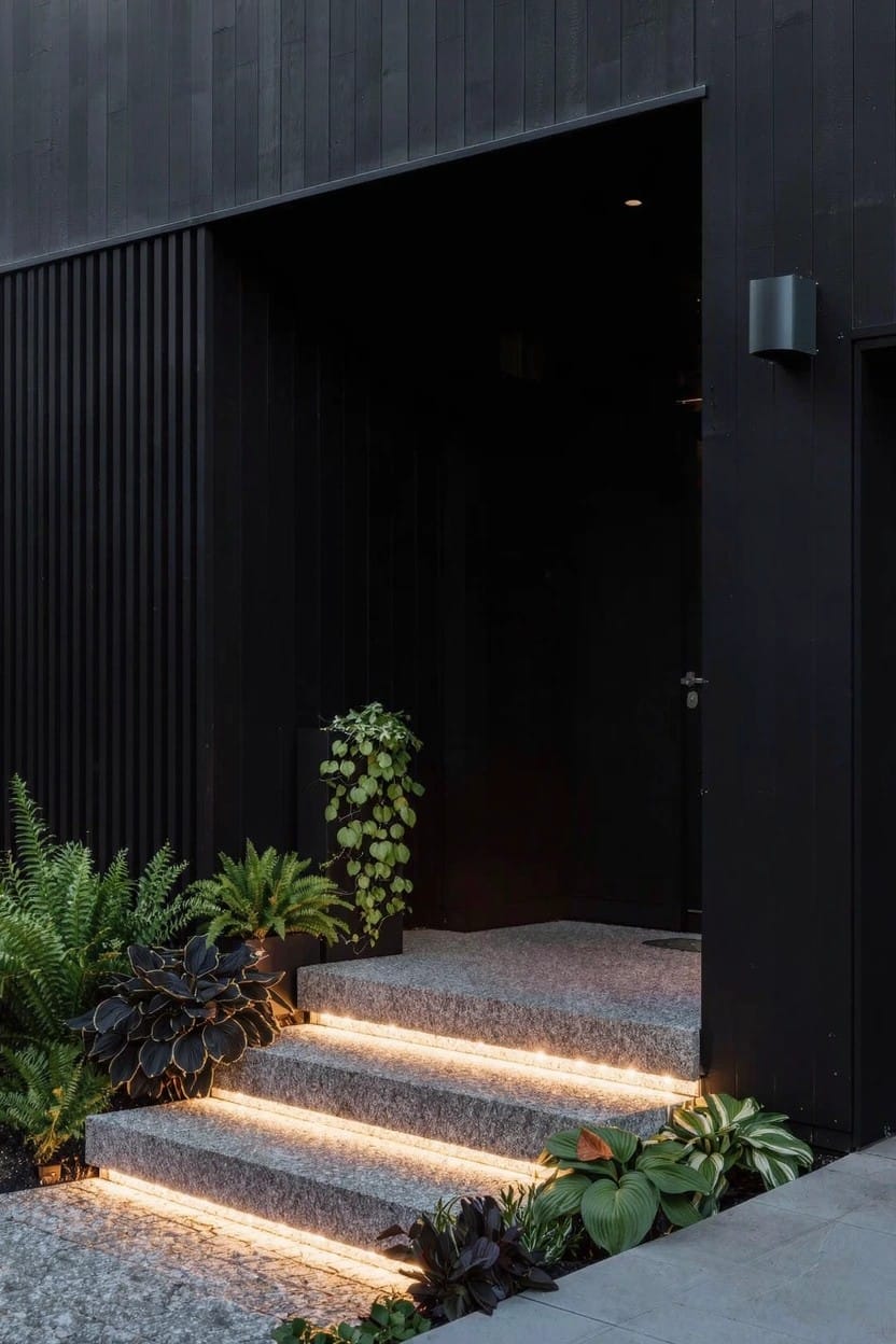 Modern house with black vertical wood siding, recessed entry with dark door, three concrete steps lit by LED strips underneath, and surrounding plants including ferns and leafy greenery on gravel ground.