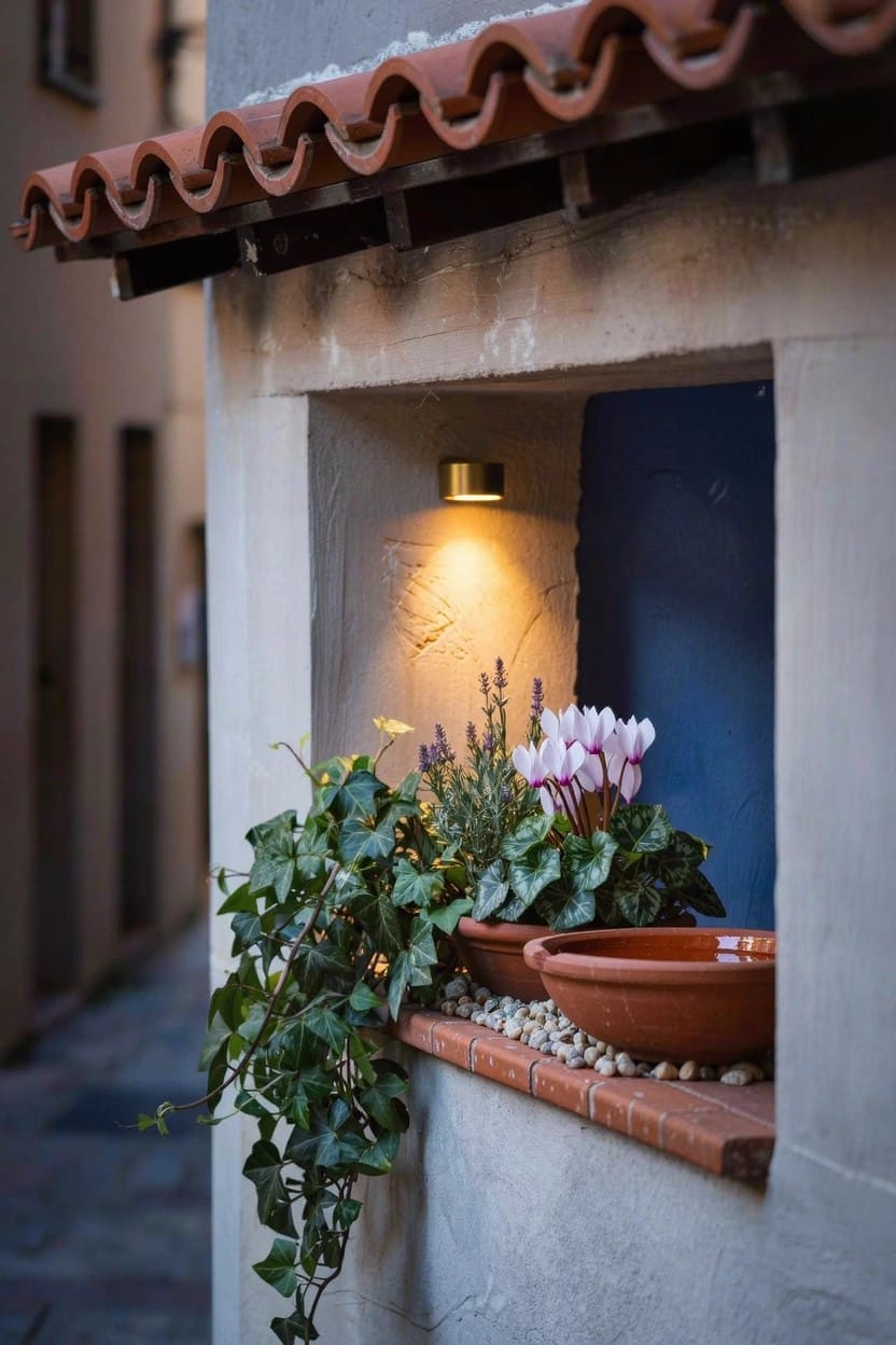 Recessed window in beige stucco wall with blue interior and terracotta pots of pink cyclamen, lavender, and trailing ivy on the ledge, lit by a small wall-mounted lamp above a narrow gravel alley.