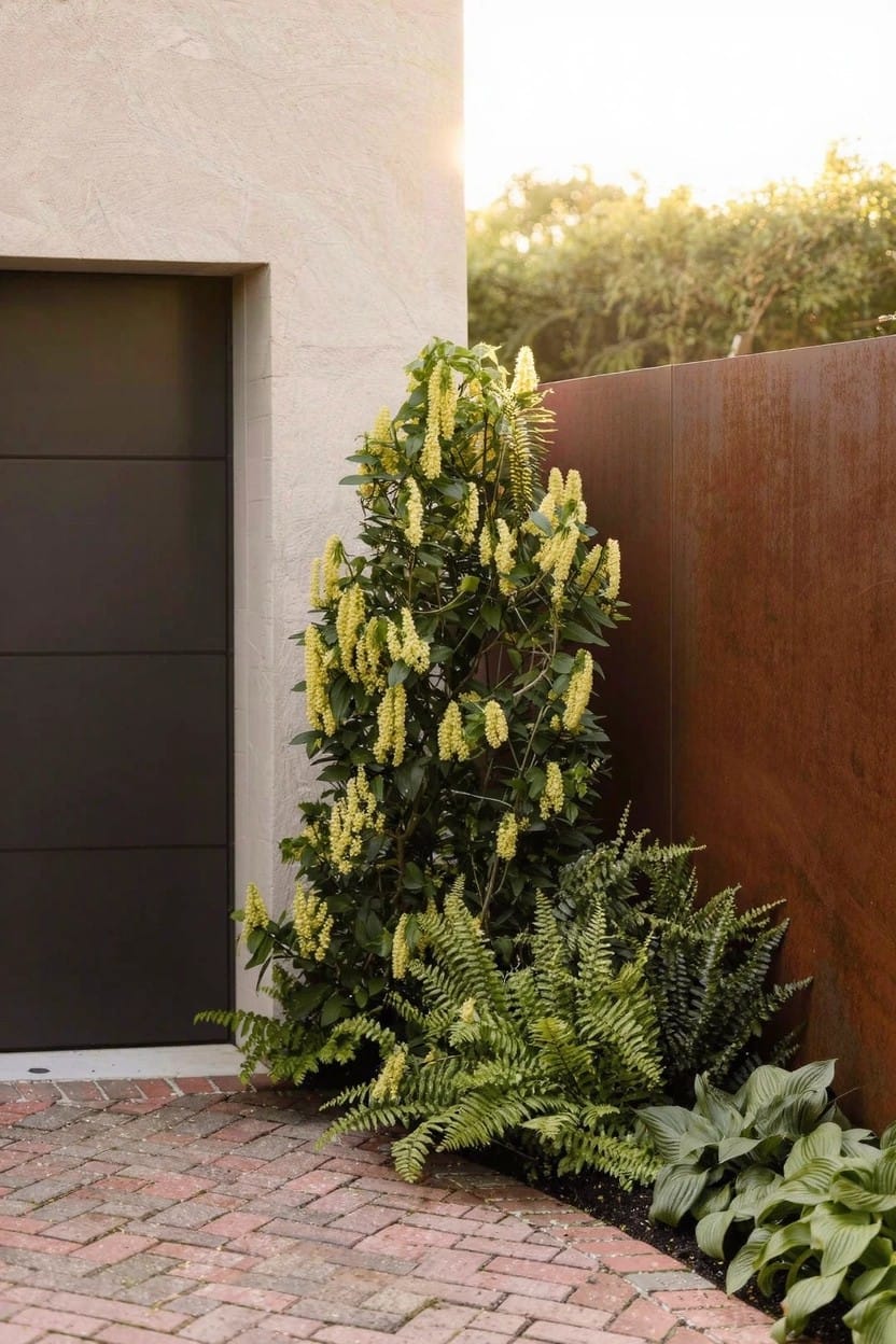 Beige stucco wall with dark paneled garage door next to a tall shrub with clusters of yellow flowers, low ferns and broad-leaved plants, reddish-brown metal fence, and brick path.