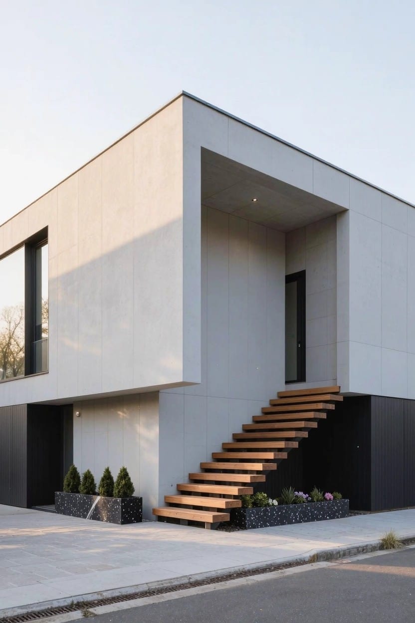 Modern white corner house with black-framed windows and door, wooden stairs to entry, black rectangular planters holding trimmed boxwood shrubs on both sides at the base, small flower pot with pink blooms nearby, gravel ground cover, and street pavement.