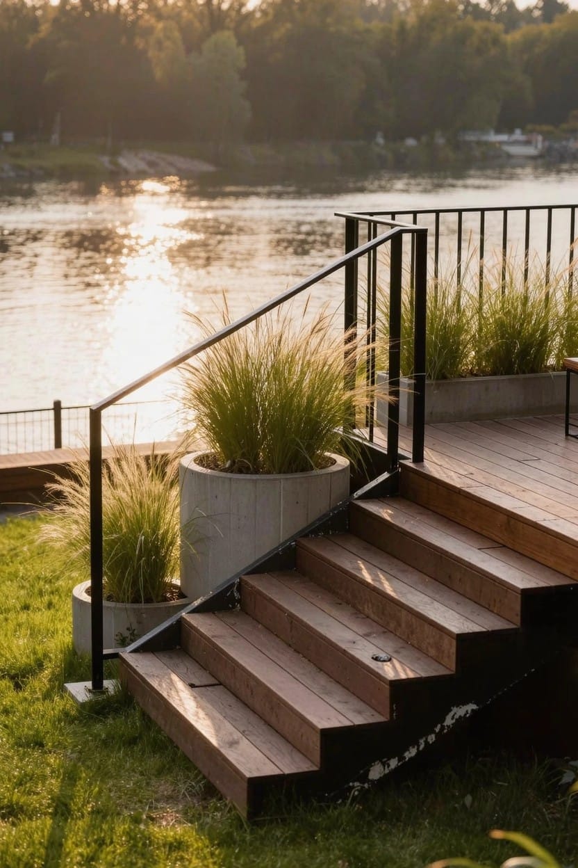 Wooden deck steps with black metal railings descend to grass beside a river, flanked by large white concrete pots planted with tall ornamental grasses.
