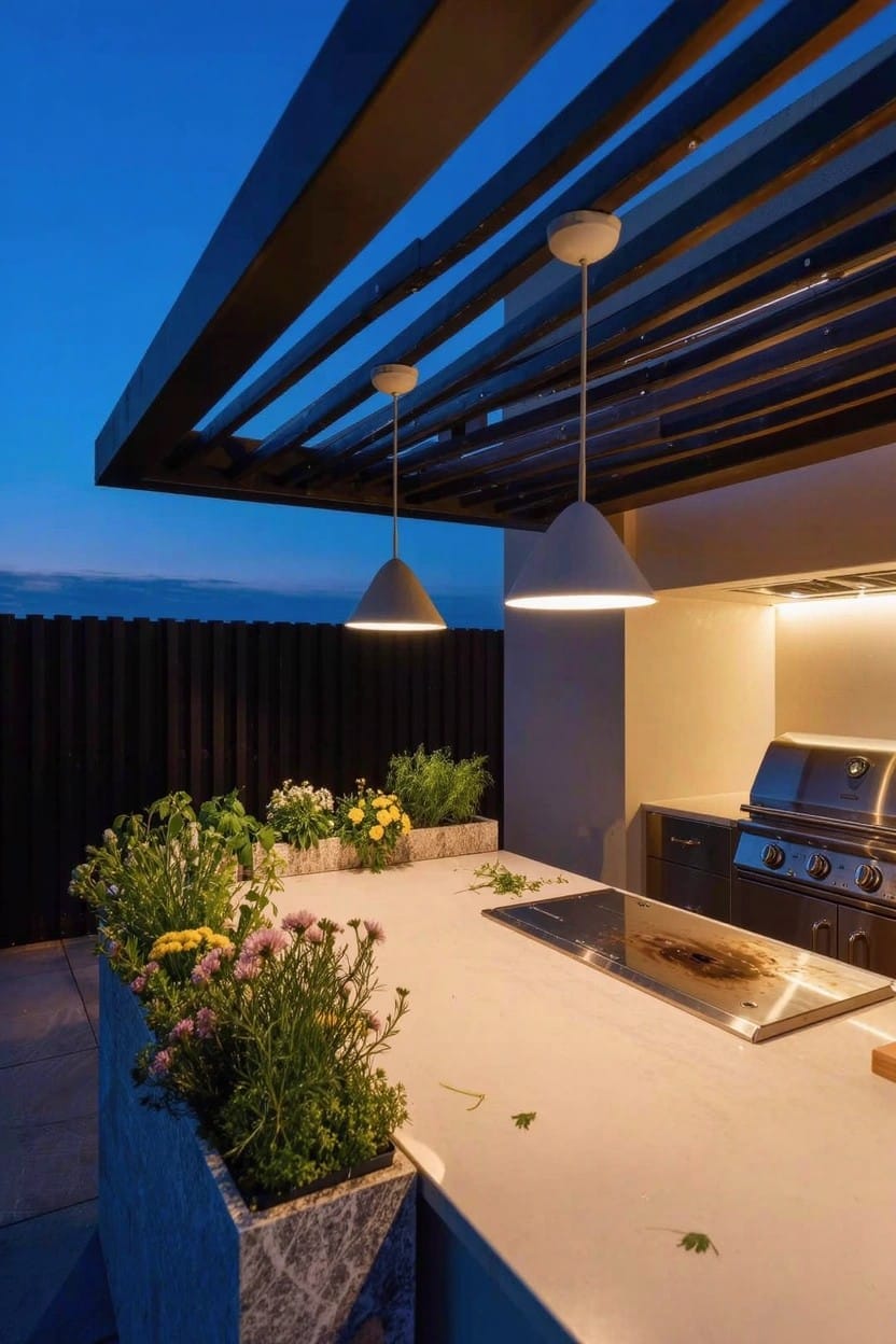 Rooftop outdoor kitchen with white countertop, stainless steel grill and cooktop, rectangular planters filled with flowers and herbs along the counter edge, hanging pendant lights from a dark pergola structure at dusk.