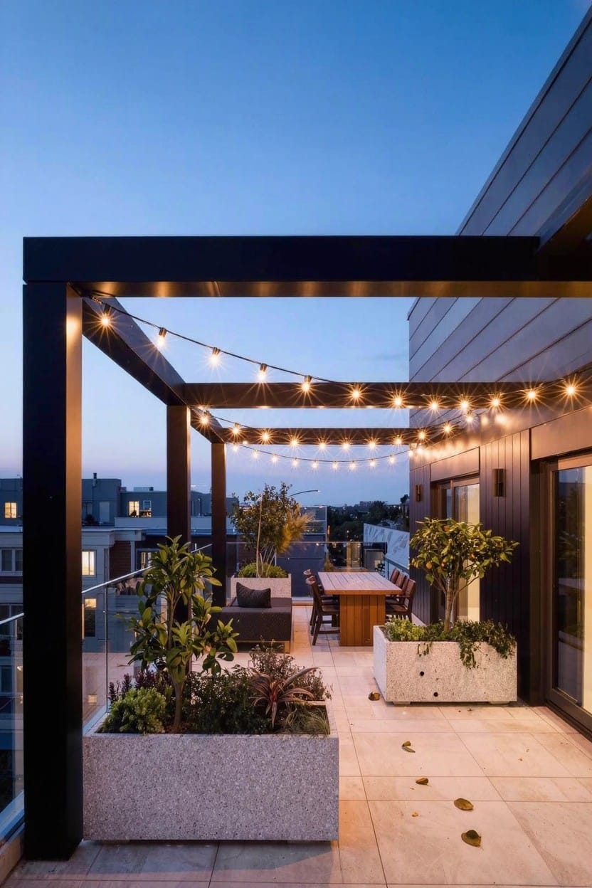 Rooftop balcony featuring black metal pergola with string lights, large white pebble-filled planters with plants along the edges, outdoor couch and dining table, glass railing, and tiled flooring at dusk.