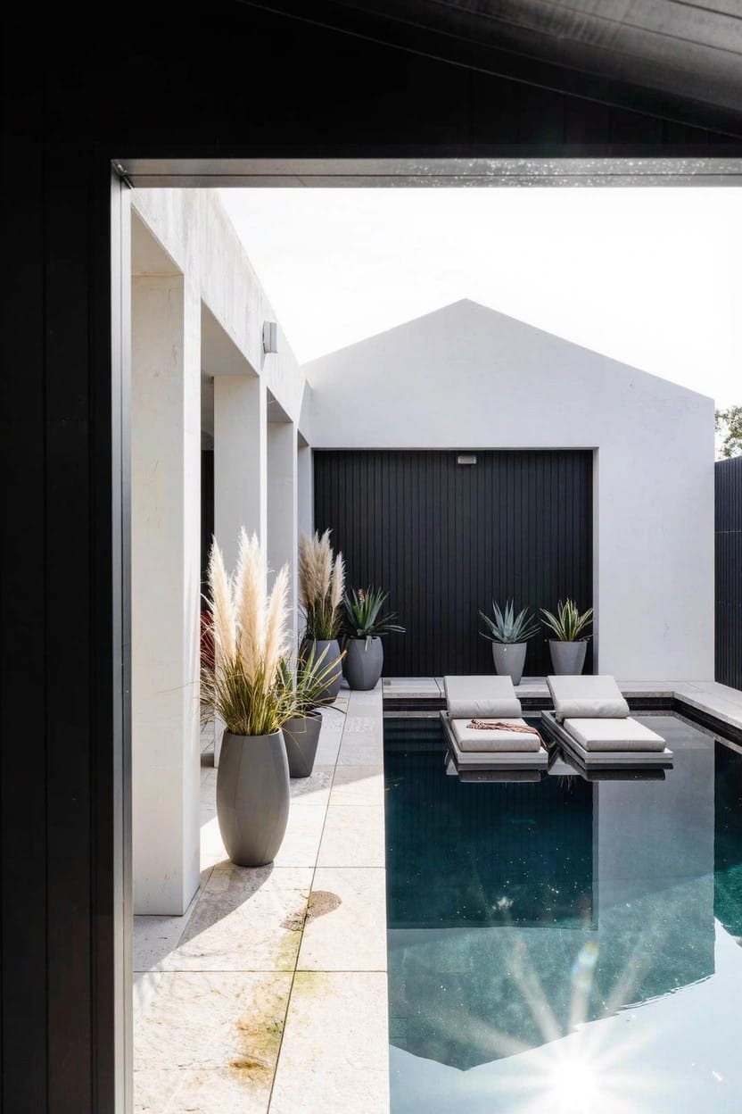 White modern house with black garage door and dark lap pool on stone patio, flanked by gray pots of tall pampas grass and potted agaves, lounge chairs by the water.