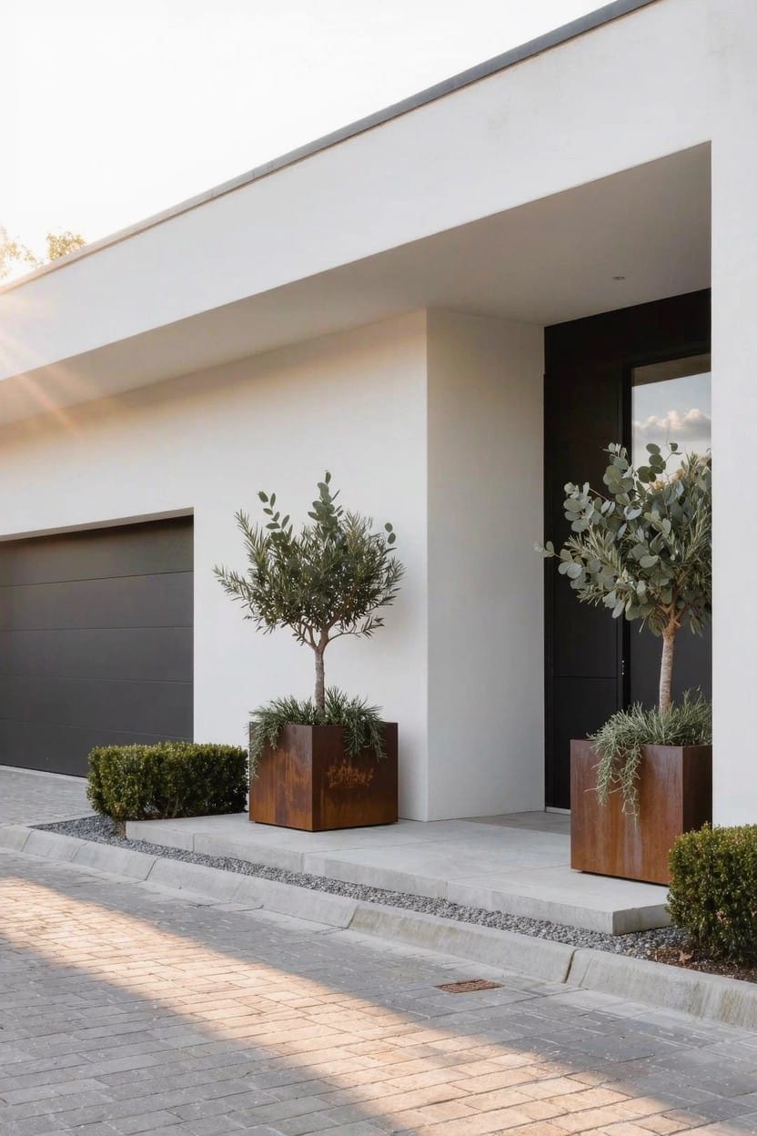 White modern house exterior with dark garage door and entry door, flanked by two large corten steel planters holding olive trees and one with eucalyptus, boxwood hedges nearby, paved driveway and gravel border.