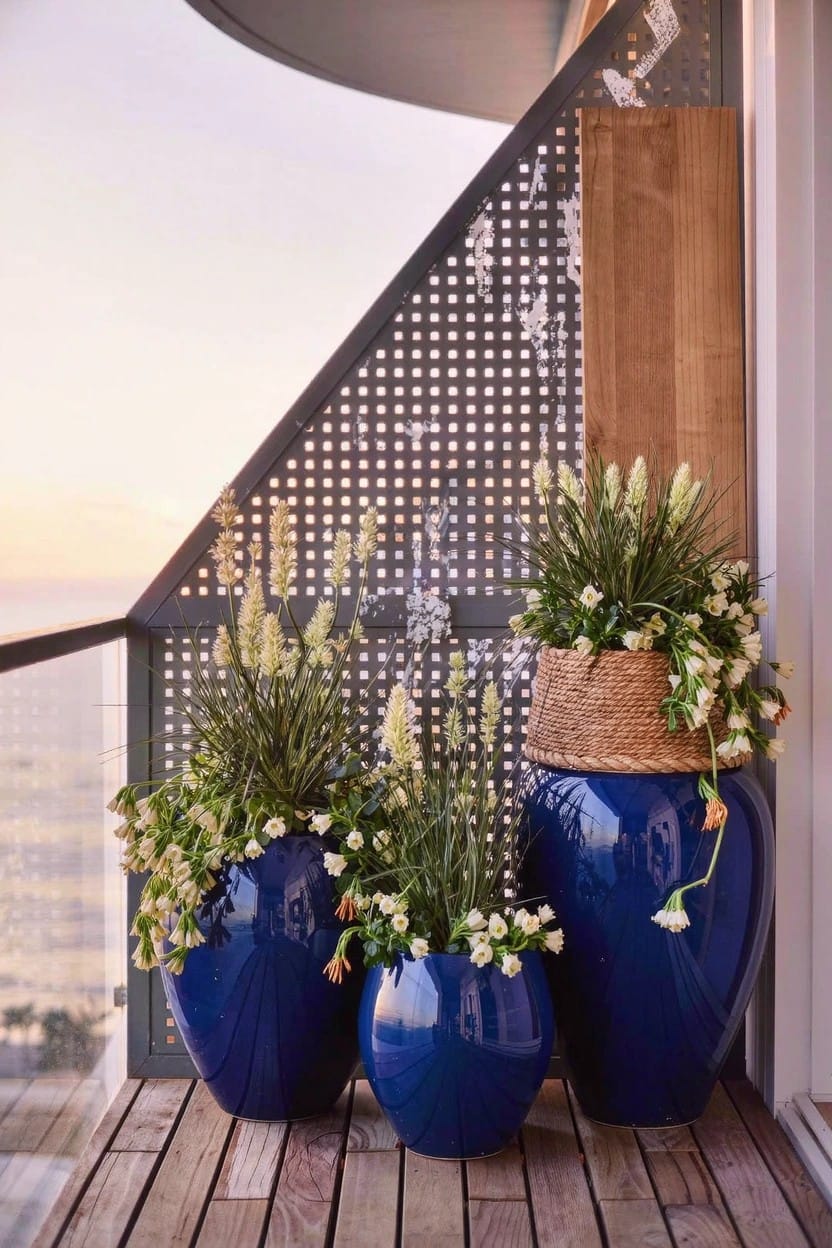 Three large blue ceramic pots with grasses and white flowers on a wooden balcony, next to a woven basket planter, with metal railing and ocean view at sunset.