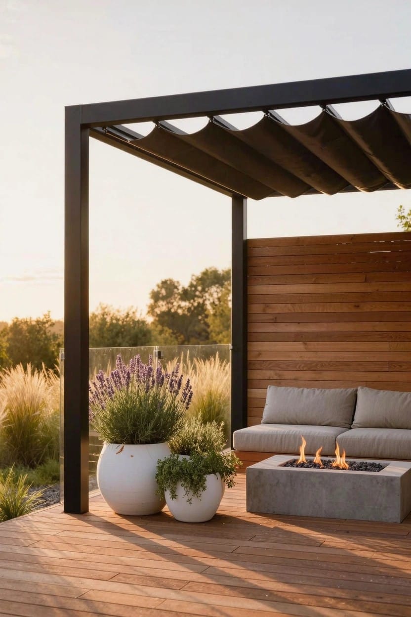 Modern wooden deck with large white spherical pots containing lavender plants, beige sofa around rectangular concrete fire pit table, black metal pergola overhead, wooden privacy wall, and tall grasses in background.