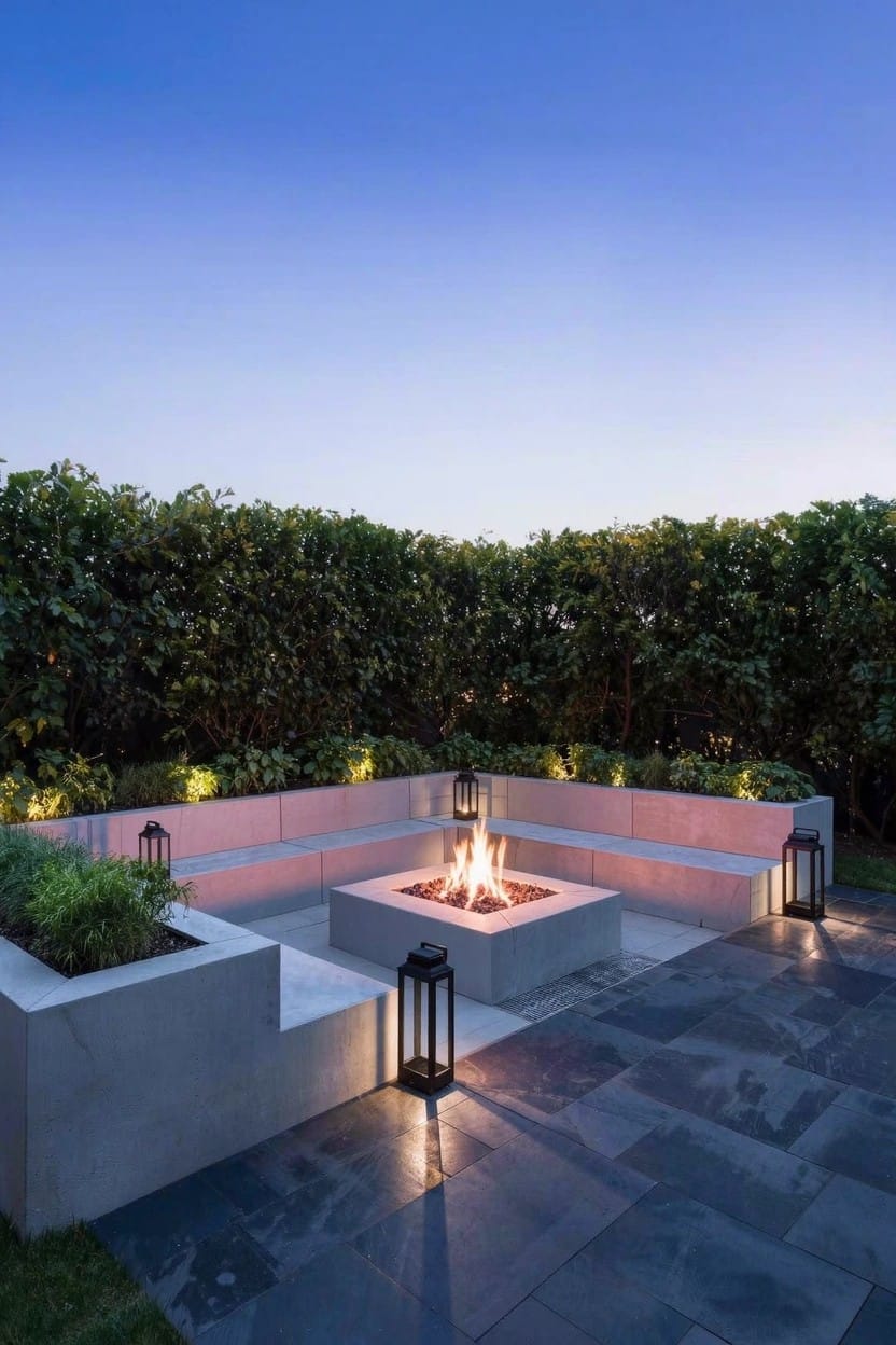 Modern rooftop patio with L-shaped light stone bench seating around a central fire pit, built-in rectangular planters with greenery on either end, black lanterns, dark slate tile flooring, and tall hedges for privacy under a blue twilight sky.