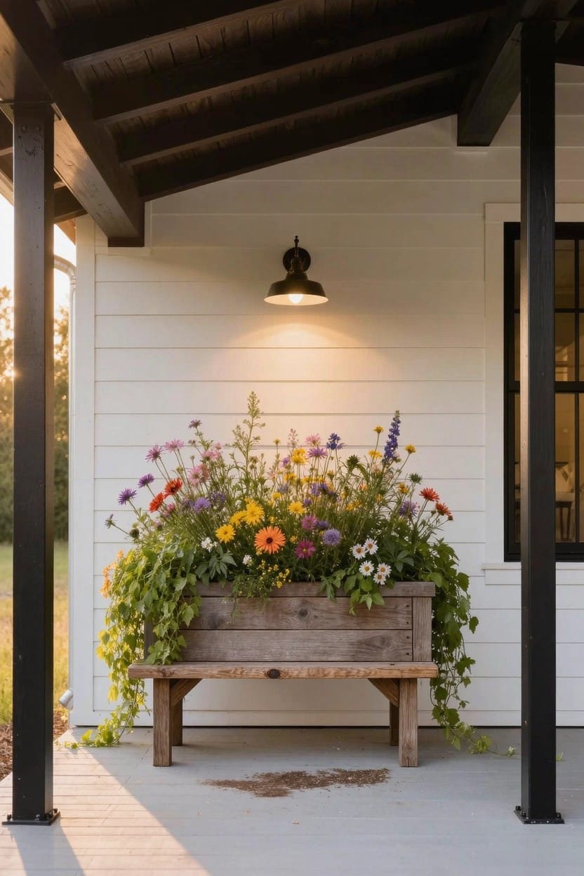 A weathered wooden trough planter overflowing with colorful flowers and vines sits on a low wooden bench against a white shiplap wall under a covered porch supported by black beams, with a black wall sconce nearby.