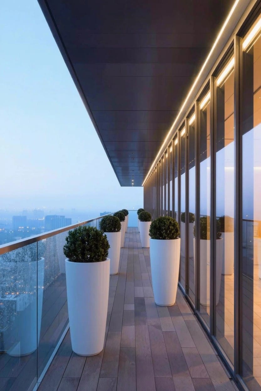 High-rise balcony with wooden decking, glass railings, and a row of tall white cylindrical planters each holding a round boxwood shrub, overlooking a cityscape at dusk.