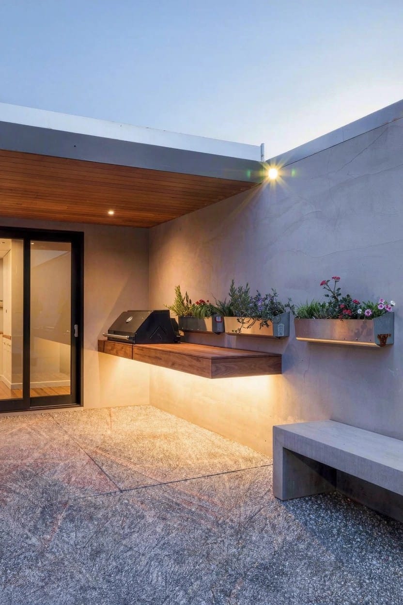 Modern outdoor patio featuring a built-in black BBQ grill on a wooden wall shelf with attached rectangular planters containing herbs and pink flowers, adjacent to a glass sliding door, concrete walls, a concrete bench, and pebble ground under warm lighting.