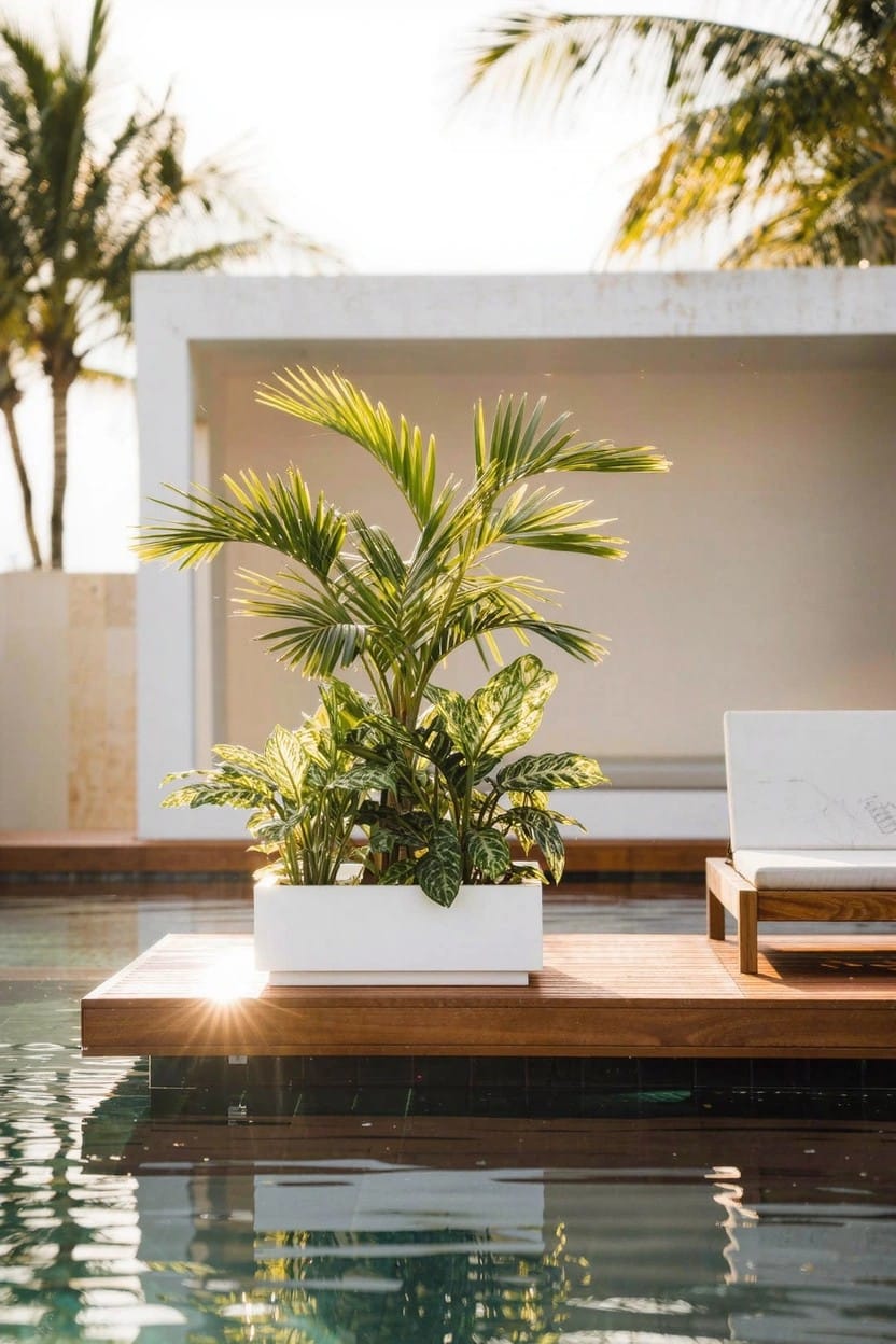 Large white rectangular planter box filled with green palm fronds and caladium plants on a wooden pool deck platform next to a white lounge chair, with turquoise pool water below and white modern architecture behind.