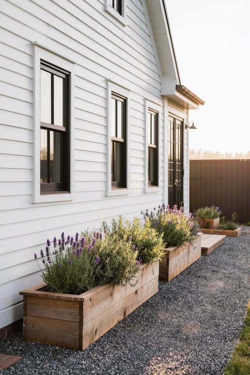 Side exterior of white clapboard house with three black-framed windows, black door, and three long wooden planter boxes filled with lavender plants lining a gravel path beside a fence.