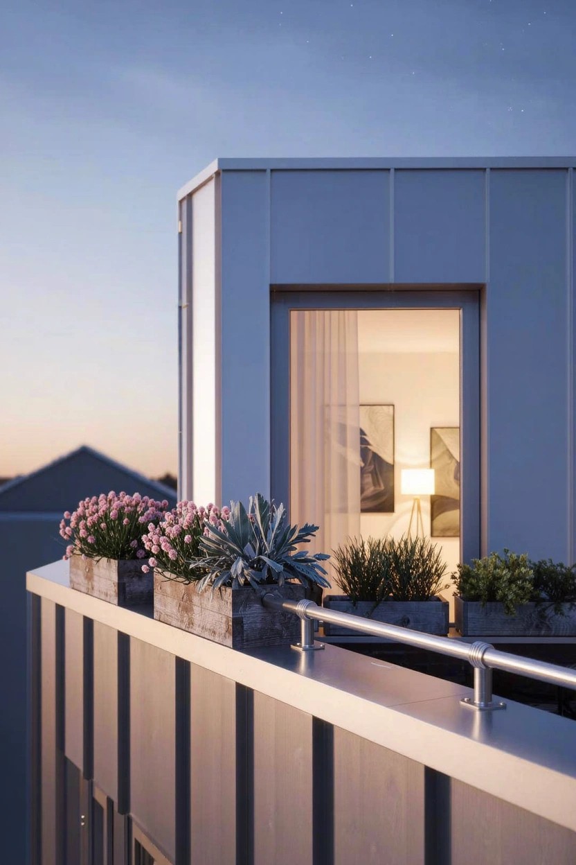 Modern gray building corner at dusk with a balcony edged by wooden planters containing pink flowers, succulents, and green plants, a large window showing interior lamp light, and distant rooftops below.