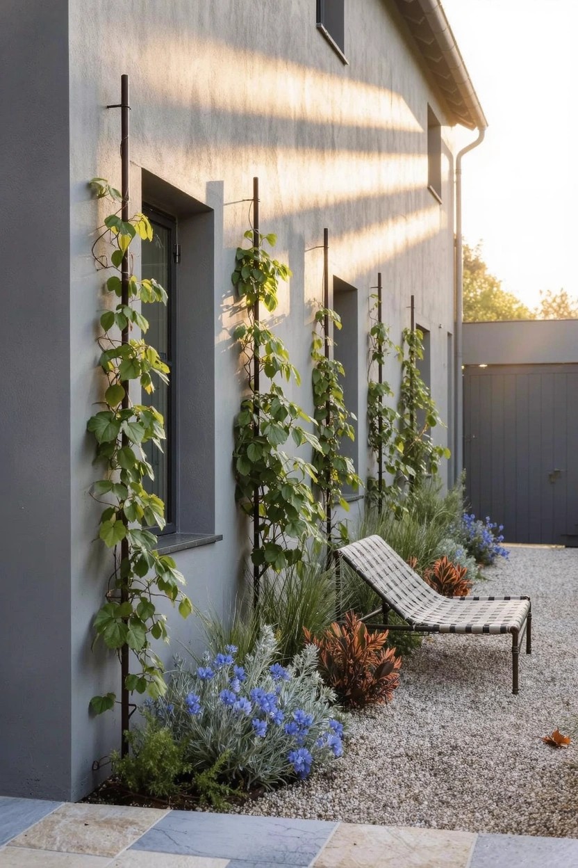 Gray stucco house wall with tall black metal poles supporting green climbing vines next to narrow windows, gravel ground with low plants including blue flowers and a striped lounge chair.