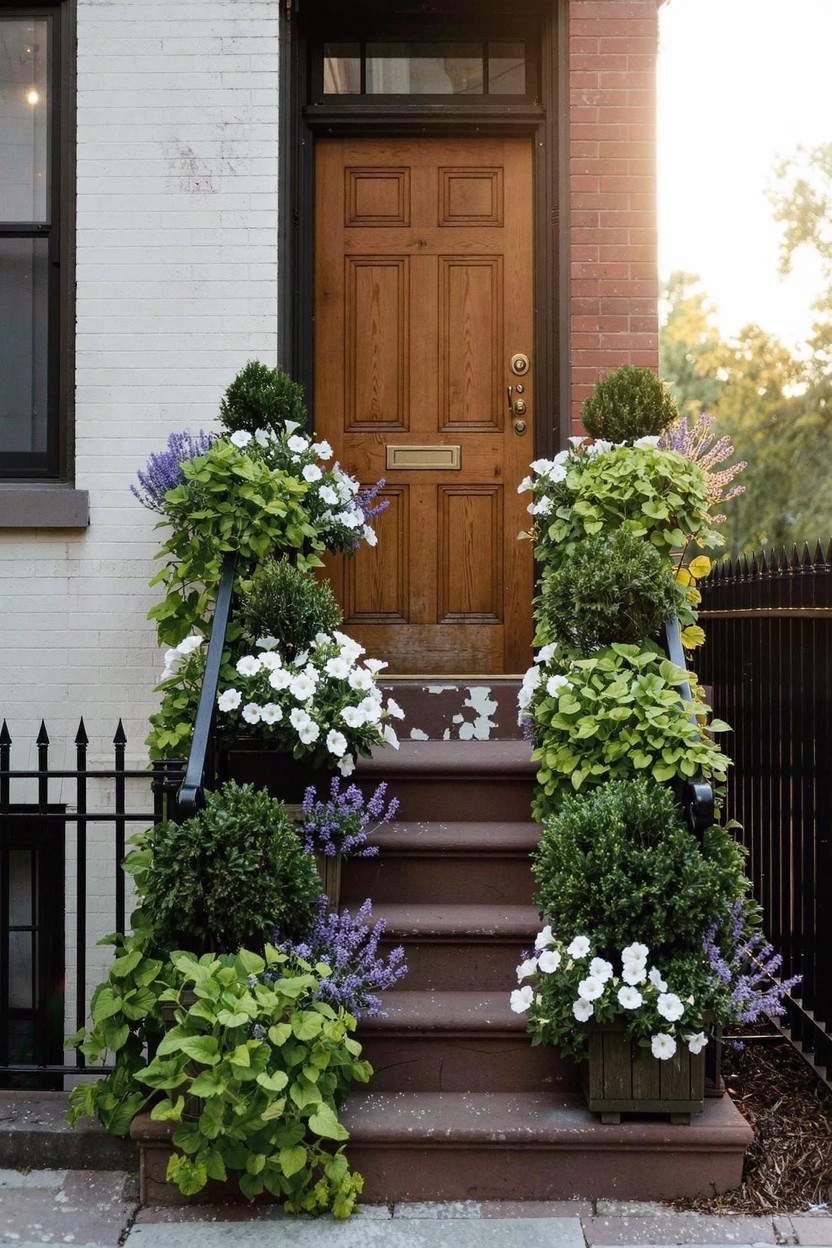 Brown wooden front door on a brick townhouse stoop with red steps, black wrought iron railings, and numerous potted plants including boxwoods, white flowers, lavender, and green foliage.