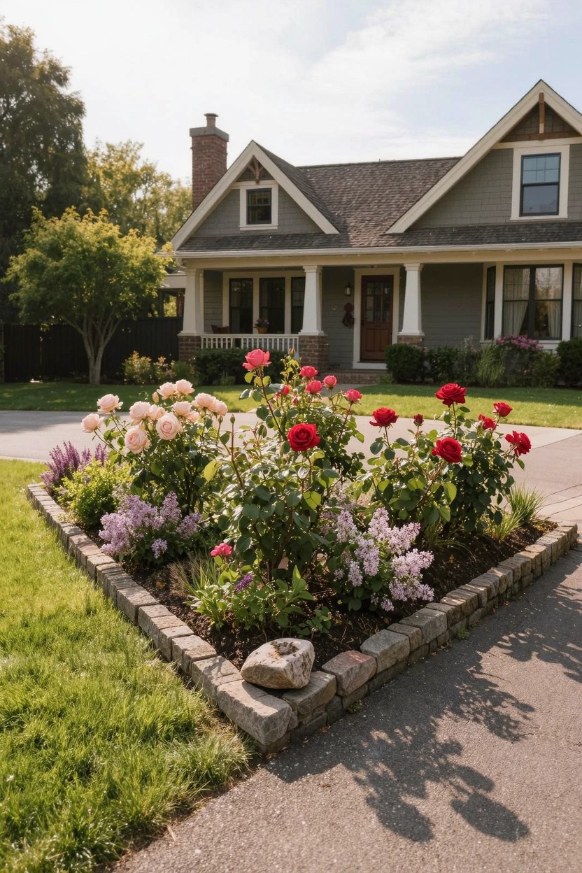 Gray shingled house with white-trimmed gables and porch next to a driveway, featuring a triangular brick-edged flower bed planted with multicolored roses and other flowers.