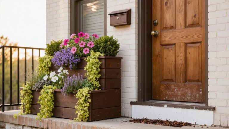 Brown wooden front door on a brick townhouse stoop with red steps, black wrought iron railings, and numerous potted plants including boxwoods, white flowers, lavender, and green foliage.