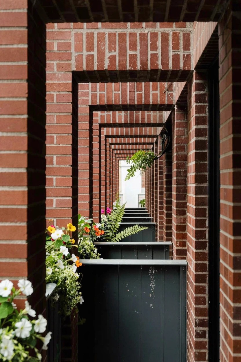 Narrow outdoor balcony walkway with red brick walls and arches on both sides, gray metal railings holding planters of colorful flowers and green ferns.