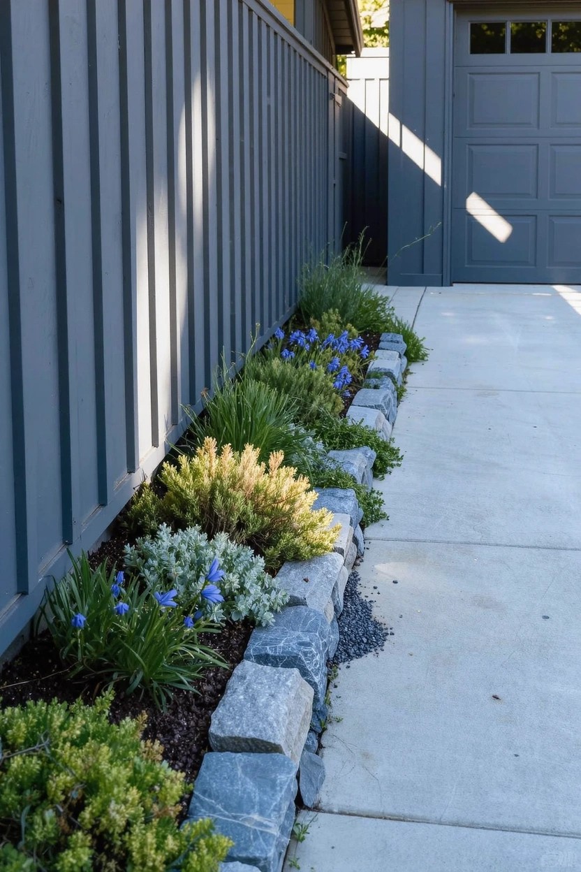Narrow flower bed edged with gray rocks containing blue flowers, green grasses, yellow shrubs, and gray foliage along a gray board-and-batten fence next to a concrete driveway and gray garage door.