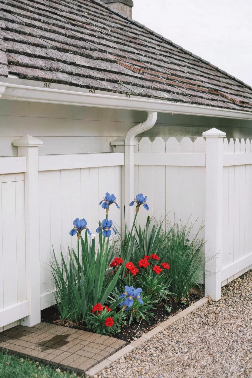White picket fence with peaked caps along a narrow flower bed of blue irises and red flowers at its base, adjacent to gravel path and brick pavers.