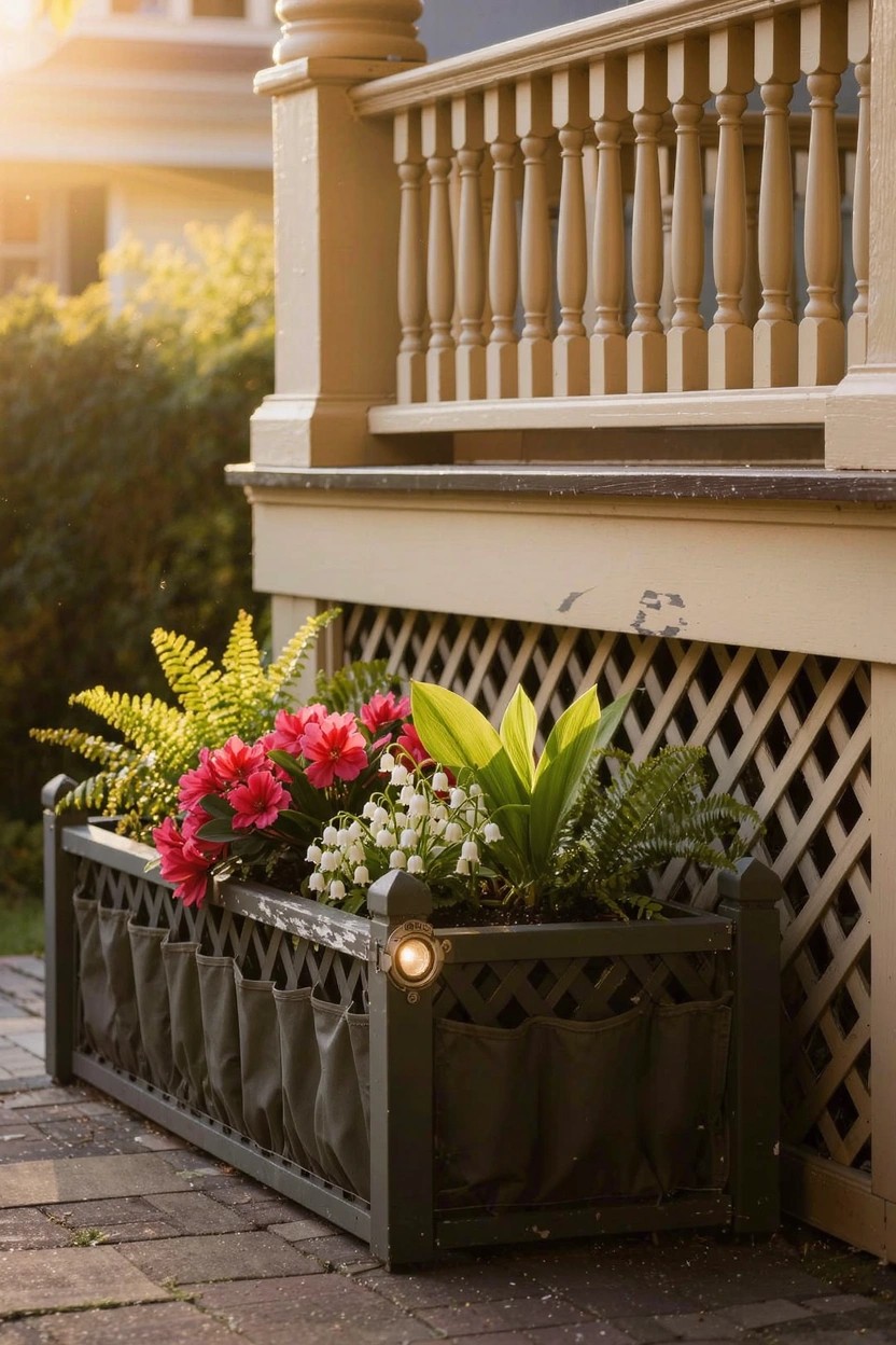 A rectangular dark planter box with lattice sides and fabric liners filled with red flowers, white blooms, ferns, and green plants sits against a beige wooden house exterior under a porch railing beside a stone path.