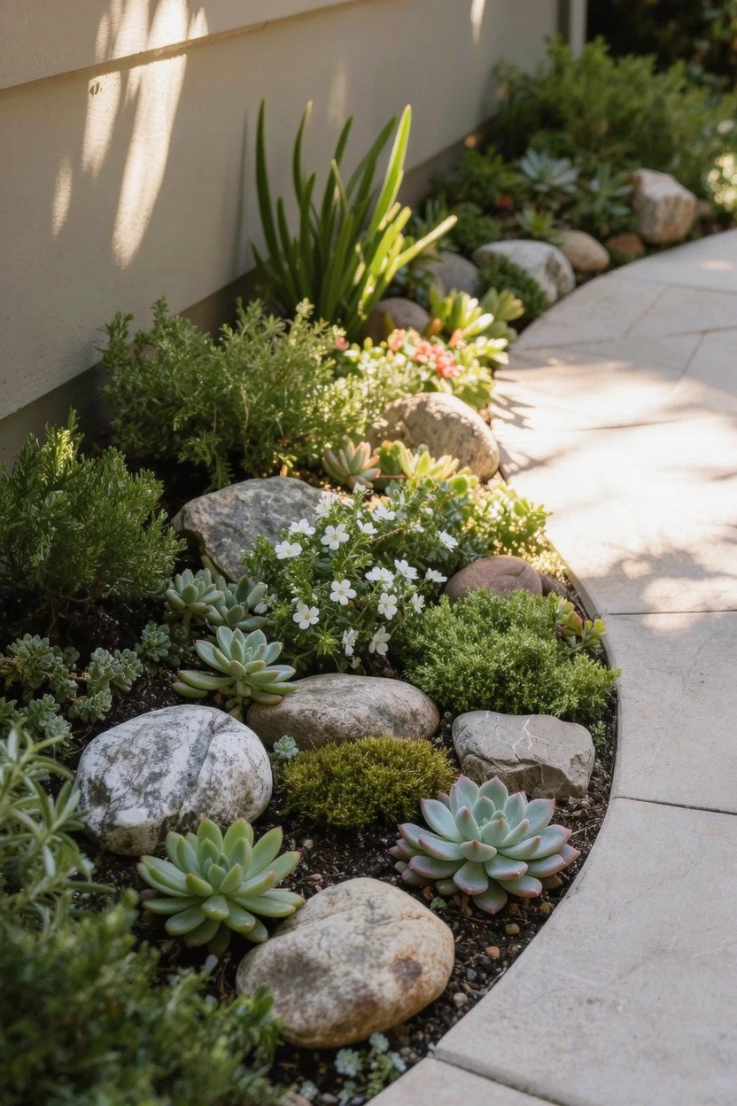 Curved concrete pathway next to a beige house wall, bordered by a narrow garden bed of succulents, rocks, small green shrubs, and white flowers.