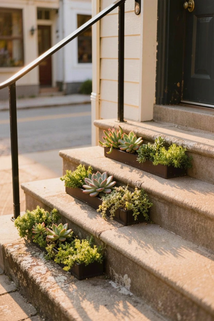 Curved asphalt driveway edged by a low concrete curb with a narrow flower bed of colorful perennials including pink coneflowers, yellow black-eyed Susans, lavender, and white flowers, plus black bollard lights.