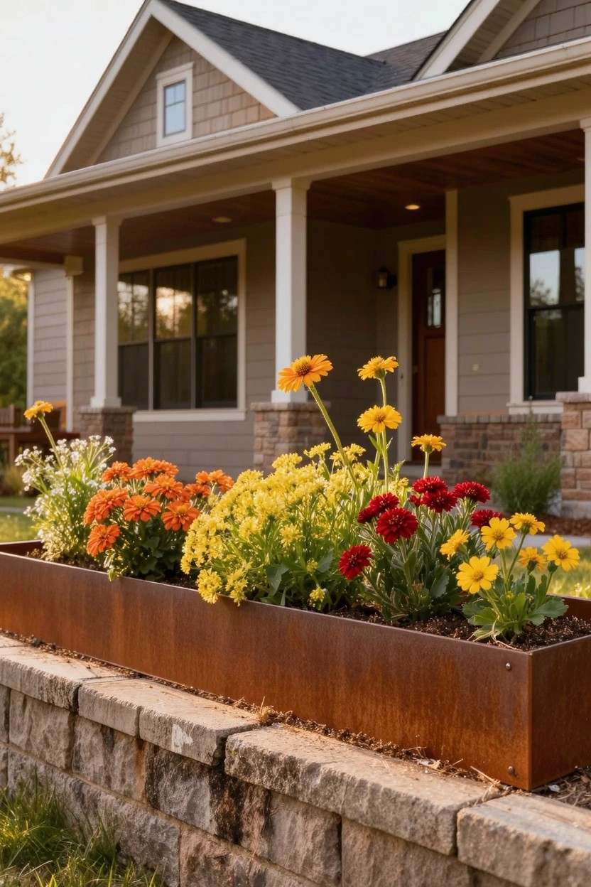 Beige stone house exterior viewed through an archway, with a raised stone flower bed containing pink hydrangeas, white flowers, a small green tree, large black-framed windows, and stone steps.