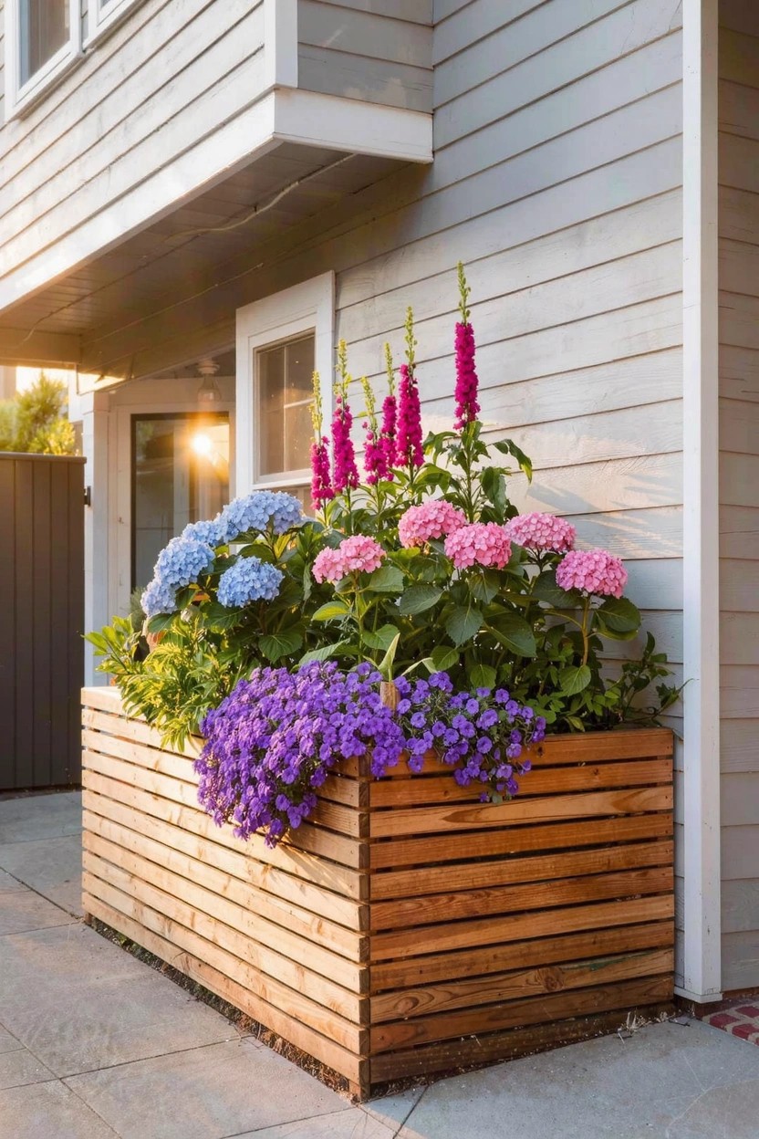 Light gray vertical board-and-batten house exterior with a tall rectangular wooden planter box filled with tall pink foxgloves, pink and blue hydrangea bushes, and trailing purple flowers against the wall next to a concrete path.