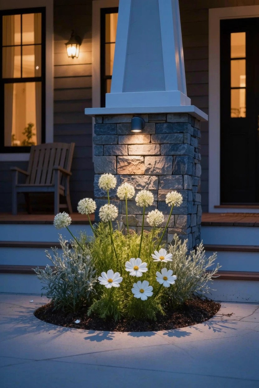 Open French doors framing a narrow garden bed next to a wooden deck pathway, with espaliered pear trees bearing green fruit trained flat against a slatted wooden fence, surrounded by low boxwood spheres and pink flowers.