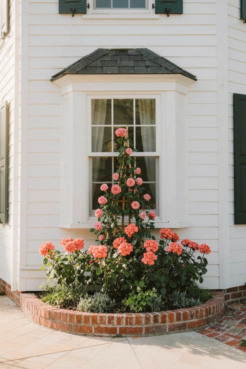 White clapboard house corner with green shutters, curved bay window, and pink roses climbing a central standard amid lower roses in a curved brick flower bed against the foundation.