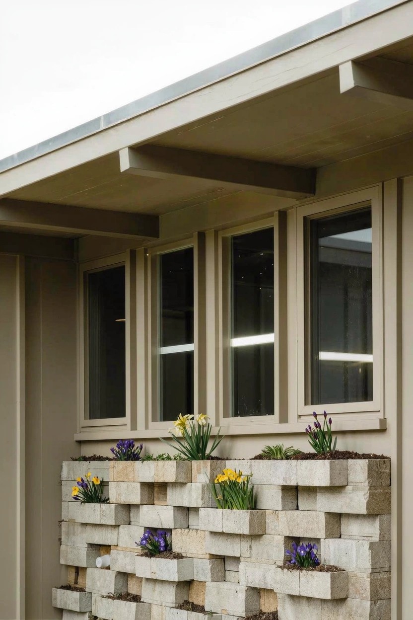 A black wooden front door centered on a textured white stucco exterior wall, flanked symmetrically by two large gray metal pots filled with dark foliage and clusters of white flowers on low steps leading to a concrete path.