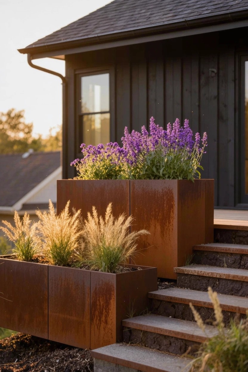 Narrow brick passageway between two buildings with a central long rectangular flower bed of spiky green plants and red tulips, hanging lanterns, and a small table with chairs at the end.