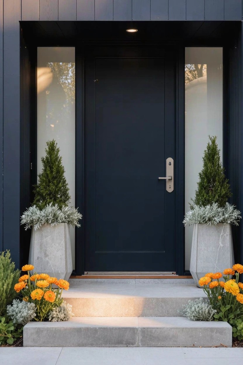 Dark blue front door between two frosted glass side panels, flanked by white cylindrical pots with cypress trees, matching lower pots with silver-leaf plants on concrete steps, and orange marigolds at the base.