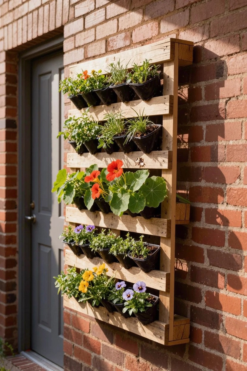 Wooden pallet mounted vertically on a brick wall next to a gray door, with multiple black pots of colorful flowers, herbs, and green plants inserted into the slats.