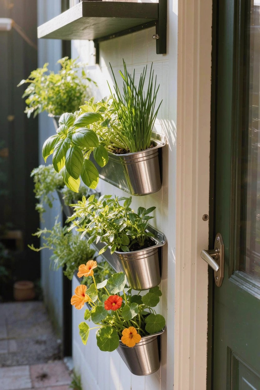 Three galvanized metal buckets mounted vertically on a white exterior wall next to a green door, each filled with green herbs and orange nasturtium flowers, with a wooden shelf above holding potted plants.