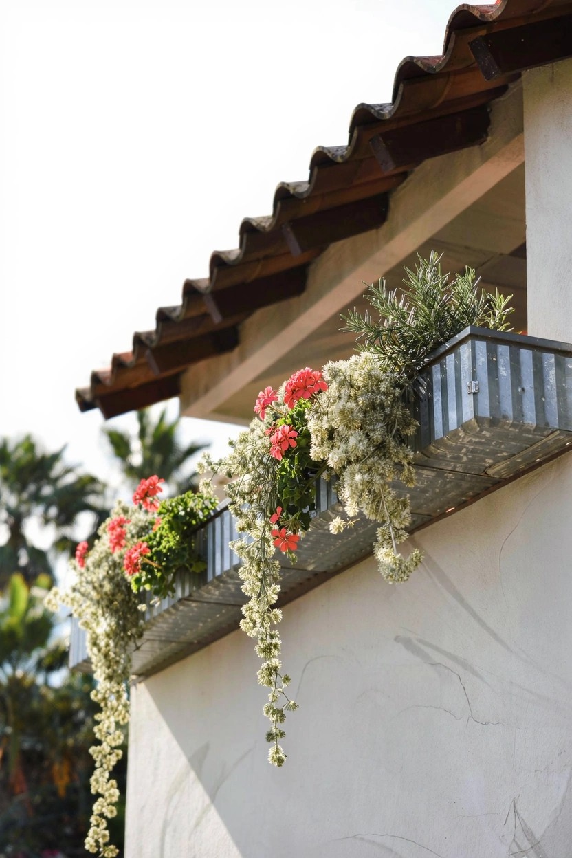 White stucco wall under terracotta tile roof overhang with three metal-striped window boxes containing red geraniums, white trailing flowers, and green herbs.