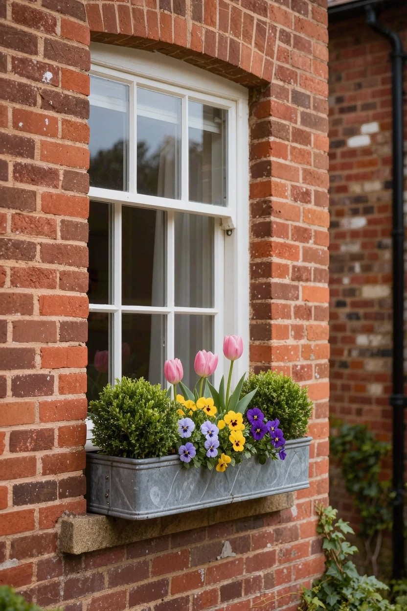 Galvanized metal window box overflowing with pink tulips, yellow daffodils, purple pansies, and trimmed boxwood shrubs below a white sash window on a red brick wall.