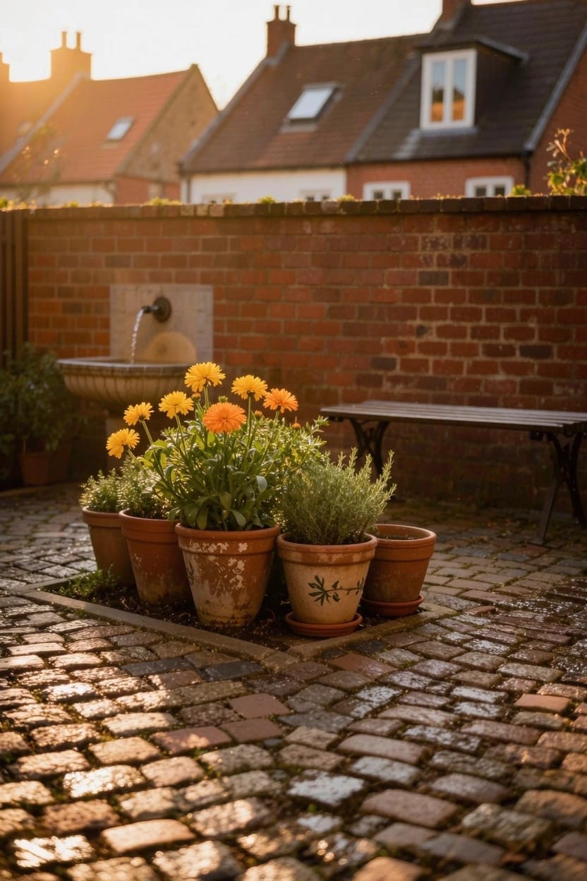 Several weathered terracotta pots clustered on cobblestone paving with yellow daisies, herbs, a fountain, and a bench against a brick wall in front of brick houses at sunset.