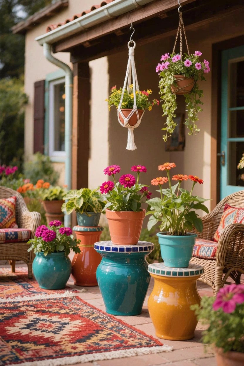 Patio corner with assorted colorful ceramic pots in blue, orange, green, and yellow holding flowers like marigolds and geraniums, grouped at varying heights around wicker chairs and a table on a tiled floor, with hanging macrame planters and a turquoise door on a stucco wall.