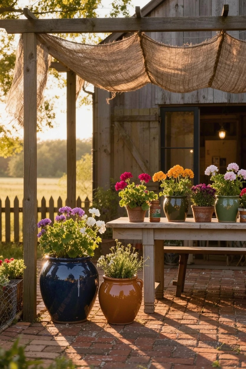Rustic wooden table on brick patio under burlap-draped pergola holds colorful potted geraniums and other flowers, with large blue and orange pots on the ground nearby a wooden garden shed.