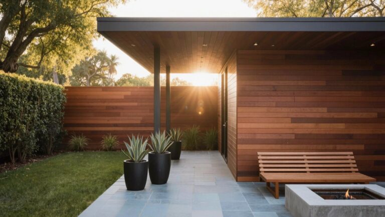 Outdoor patio with wooden bench, square fire pit, two large black pots holding agave plants, wooden siding wall, stone pavers, and nearby shrubs.
